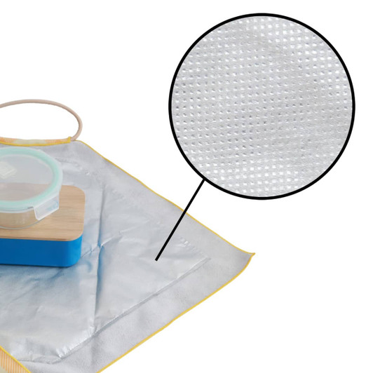A silver lunch box bag with a textured interior, holding a blue container and a wooden lid. It features a logo.