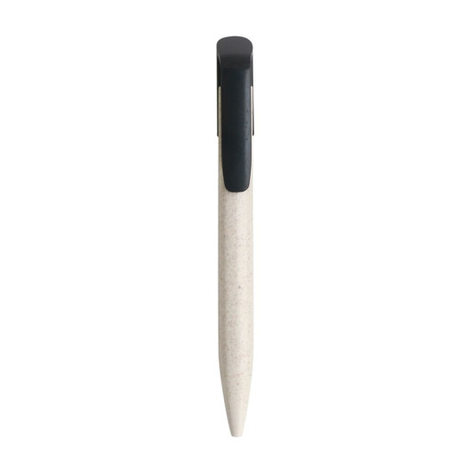 A wheat straw click pen in cream with a black clip. Features a smooth, tapered design. Includes a logo on the body.