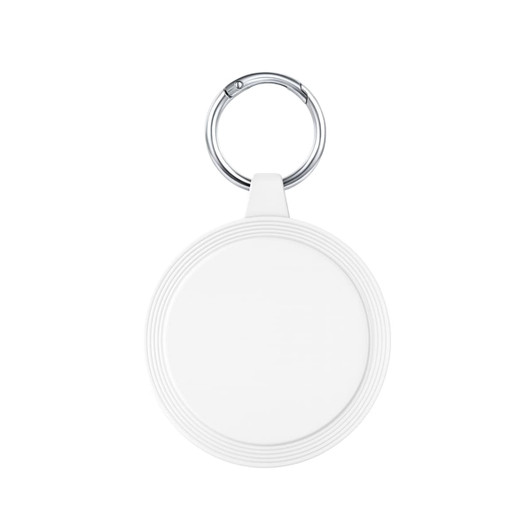 A white circular keychain with a silver metal ring, featuring a textured border. Ideal for holding items securely.