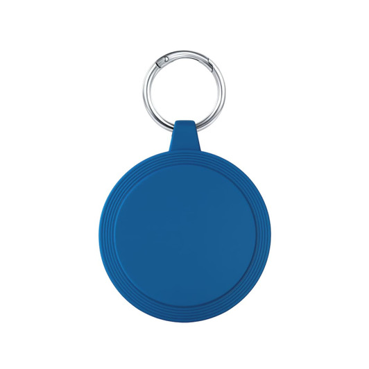 A blue circular key tag with ridged edges and a metal keyring attachment.