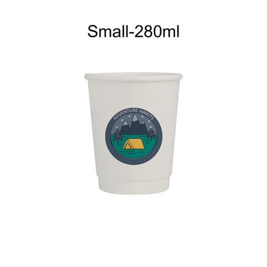 A white disposable paper cup with a printed camping design featuring mountains and a tent.