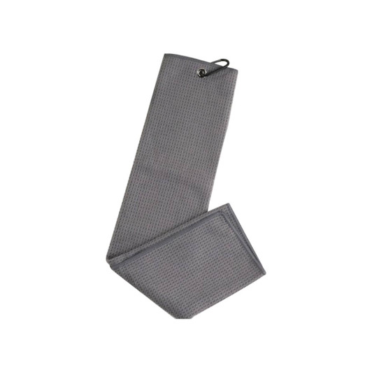 A grey waffle golf towel with a hanging loop. The towel features a textured pattern.