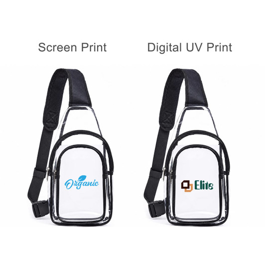 A clear PVC crossbody backpack with black straps, featuring a pocket on the front for storage and logos.