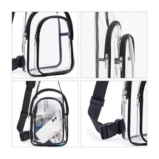 Clear PVC crossbody backpack featuring a transparent design with black zippers and adjustable straps. Includes a logo.