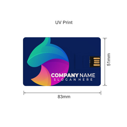 A credit card-sized Type-C flash drive with a vibrant design and a logo, featuring dimensions of 83mm x 51mm.