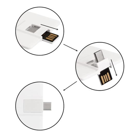 A white credit card-style Type-C flash drive with a retractable USB connector. Features branding on the side.