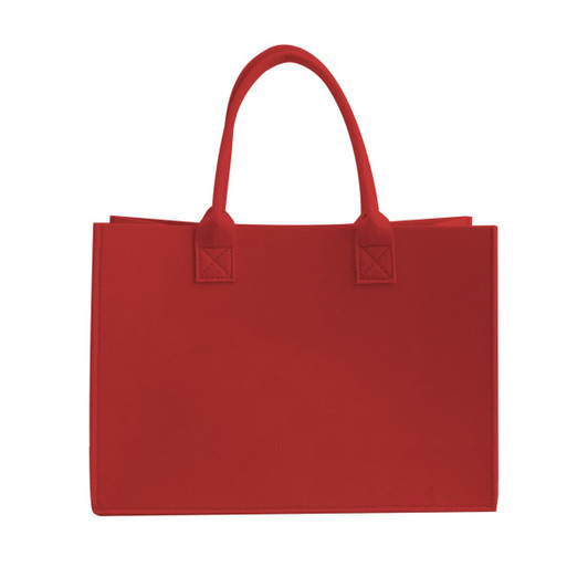 A red felt tote bag with two sturdy handles and a plain design, featuring a logo on one side.