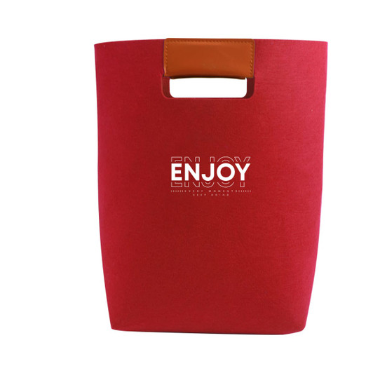 A red felt tote bag with a brown leather handle and a logo on the front.