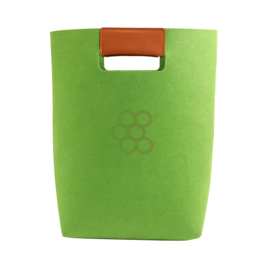 A green felt tote bag with a brown leather handle and a logo on the front.