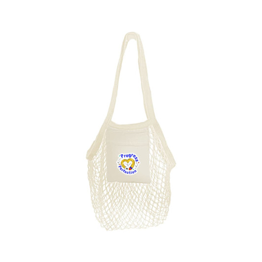 A cream mesh tote bag with a single shoulder strap and a front pocket. It features a logo.