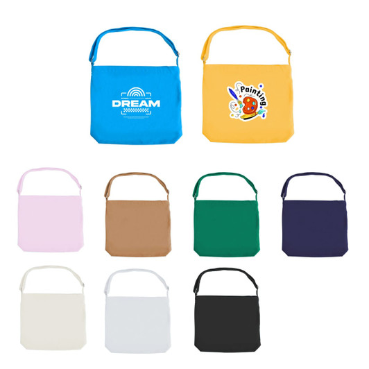 A collection of canvas tote bags in various colours, with long straps and some featuring logos or designs.