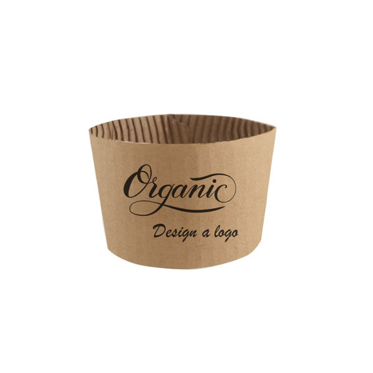 A brown paper cup sleeve with a ribbed texture and printed text, featuring a branding logo.