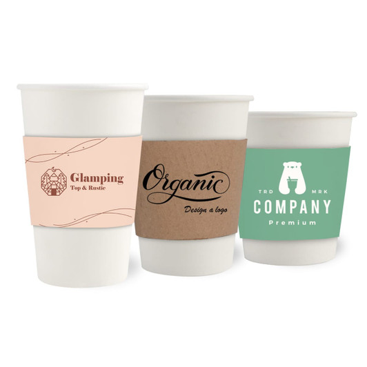 Three white paper cups with different designs, featuring kraft and peach cup sleeves, showcasing logos.