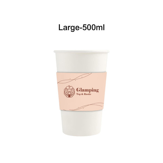 A 500ml white compostable paper cup with a light pink cup sleeve featuring a logo.