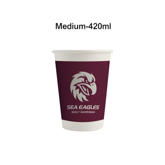 A maroon paper cup with a white interior and a logo featuring an eagle design.