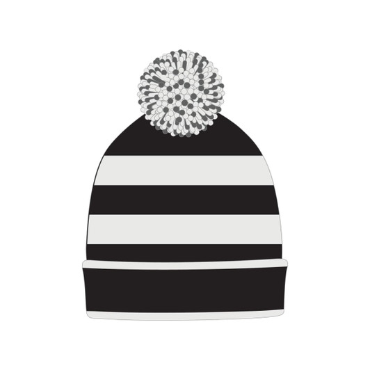 A black and white striped knitted beanie with a pompom on top, featuring a simple design and a folded brim.