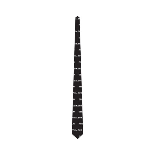 A black tie featuring a repeated pattern, including a logo. Ideal for formal attire or accessories.