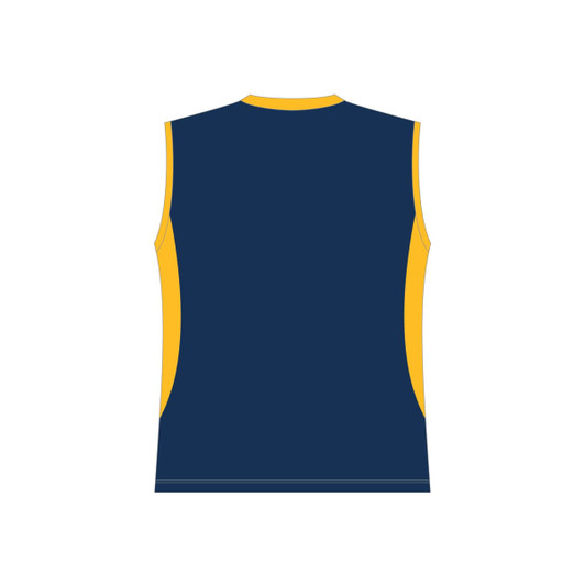 A sleeveless singlet in navy blue with yellow accents and a logo on the front.