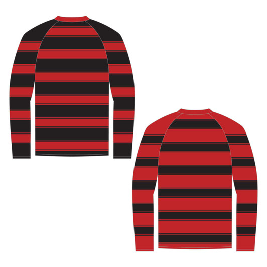 A reversible long sleeve T-shirt featuring black and red horizontal stripes on both sides, with raglan sleeves and a logo.