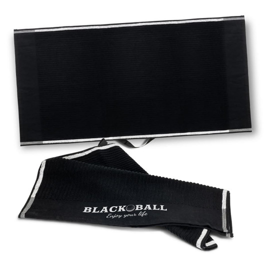 A black golf towel with a textured surface and a decorative loop, featuring a logo on one side.
