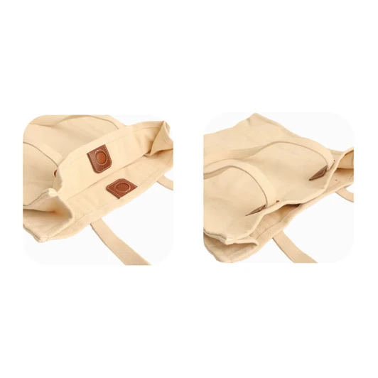 A beige canvas bag featuring magnetic snap closures and a logo, showcasing its interior with compartments.