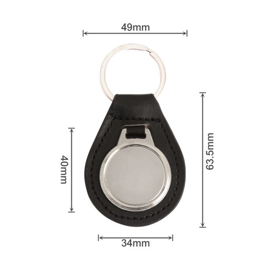 A PU leather keyring in black with a metal circular insert and dimensions displayed.