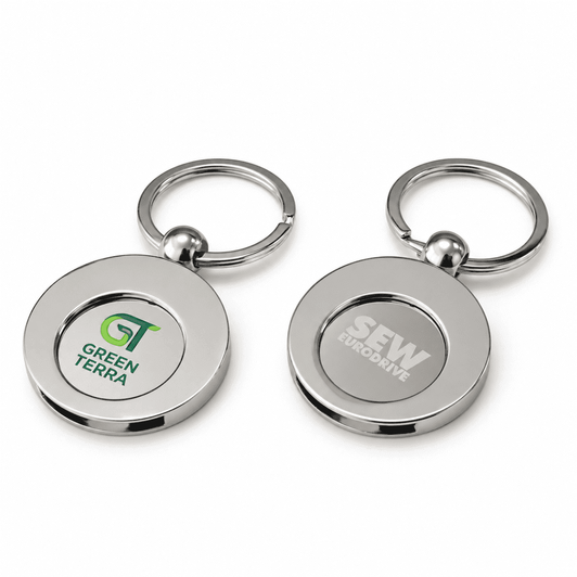 A round silver trolley coin keyring with a logo on one side and a blank surface on the other.