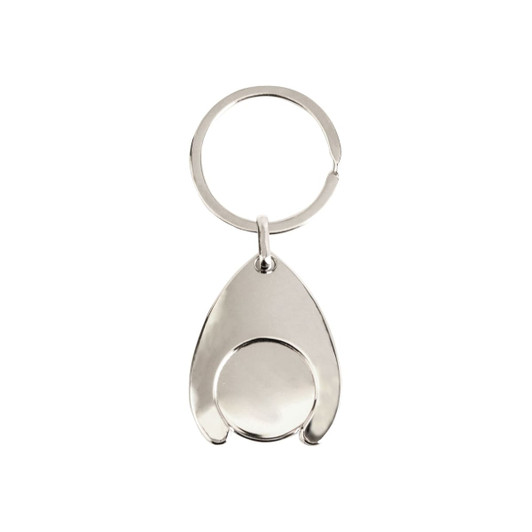 A silver teardrop-shaped trolley coin keyring featuring a round coin element and a keyring attachment.