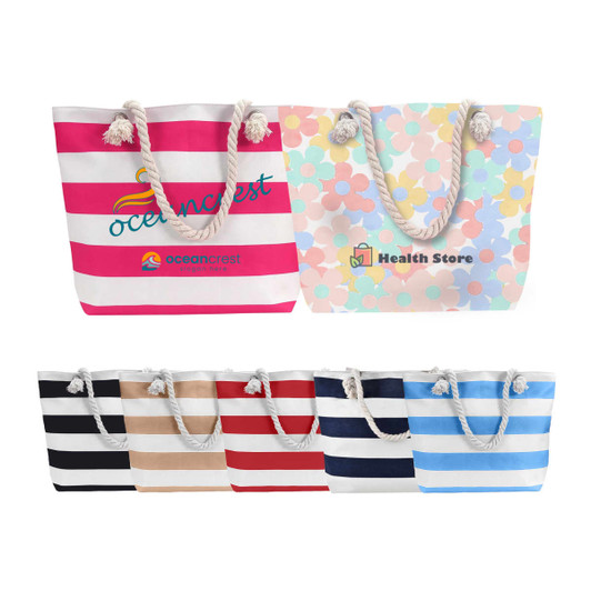 A tote bag with a rope handle, featuring pink and white stripes, along with a floral pattern in pastel colours.