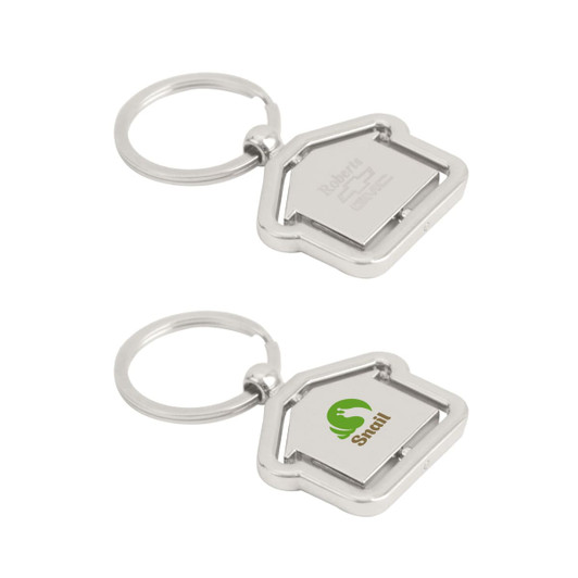 A metal keyring shaped like a house, featuring a green logo, in a silver finish.