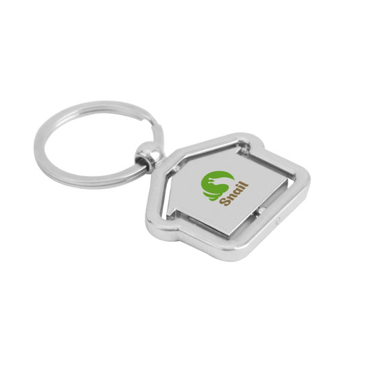 A silver metal keyring shaped like a house with a keychain loop and a logo.
