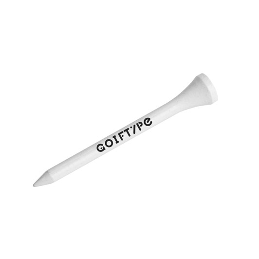 A white bamboo golf tee with a rounded top and a pointed end, featuring a logo on its surface.