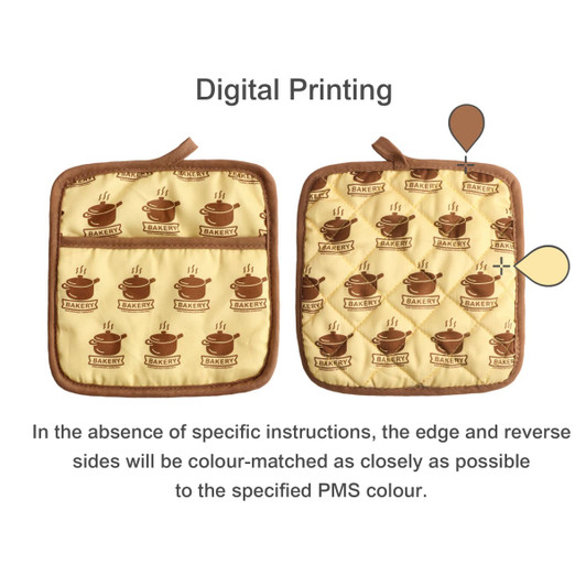 A large quilted pot holder with a coffee cup pattern in yellow and brown, featuring a logo on one side.