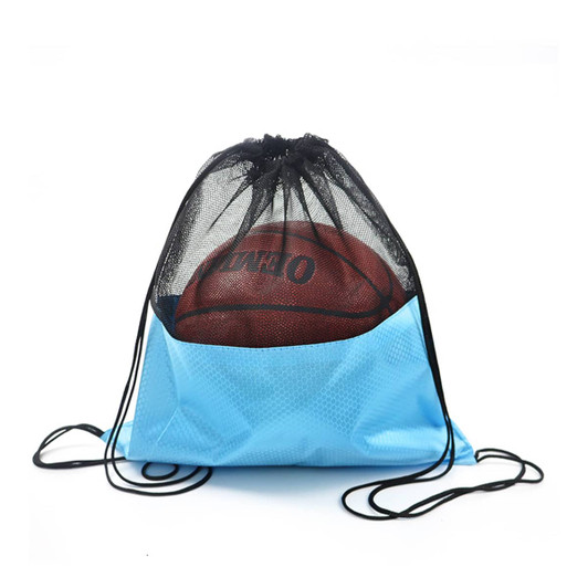 A blue drawstring mesh backpack with a black mesh top and a basketball inside. It features a logo on the front.