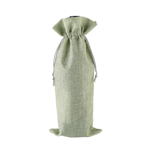 A green wine drawstring bag made from textured material, featuring a cinched top and a simple design.