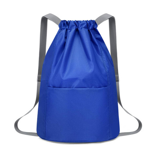 A blue bucket drawstring backpack with grey straps and a front pocket. It features a logo on the front.