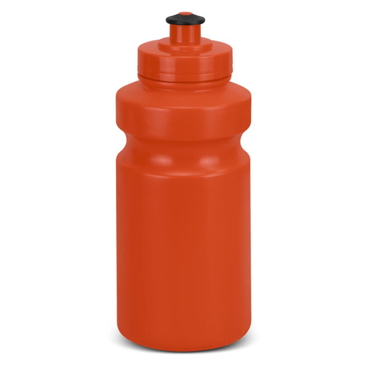A drink bottle in bright orange with a black lid, featuring a simple, rounded design and a logo.