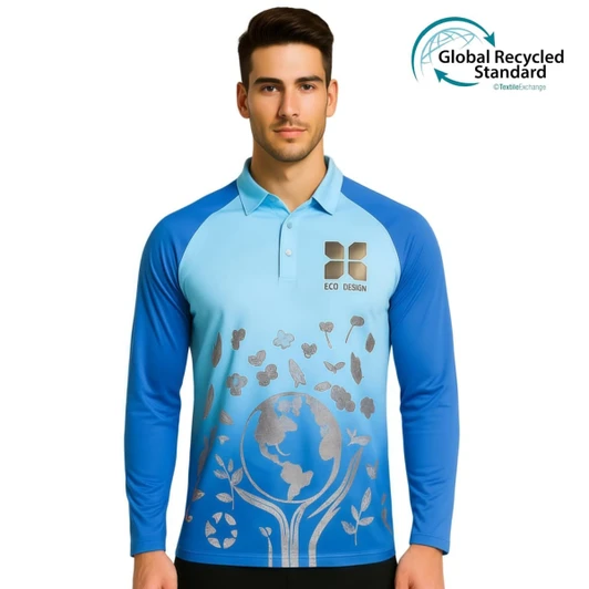 A blue and light blue unisex long-sleeve polo shirt featuring a nature-inspired design and a logo.