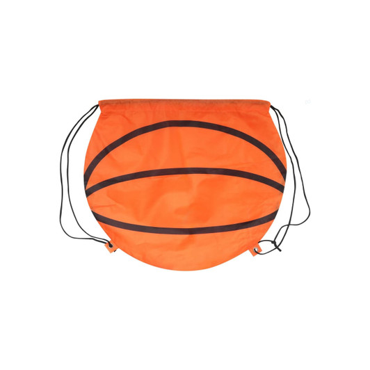 An orange ball-shaped drawstring backpack with black markings, featuring two drawstrings for closure.