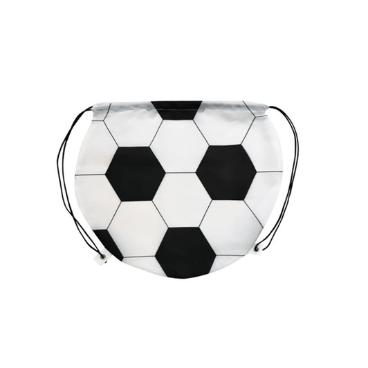 A ball-shaped drawstring backpack featuring a black and white hexagonal soccer ball design. It includes a logo.