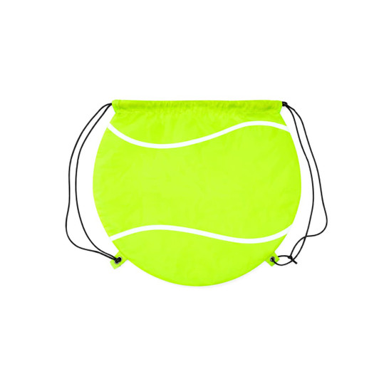 A bright lime green drawstring backpack in a circular shape, featuring white wave accents and a logo.