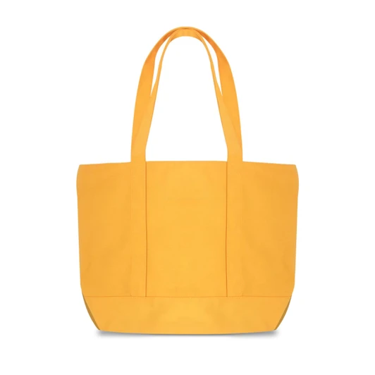 A yellow canvas zippered tote shoulder bag with two handles and a spacious design.