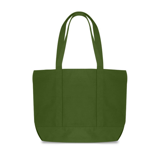 A green canvas zippered tote shoulder bag with two handles and a spacious design. Features a logo on the front.