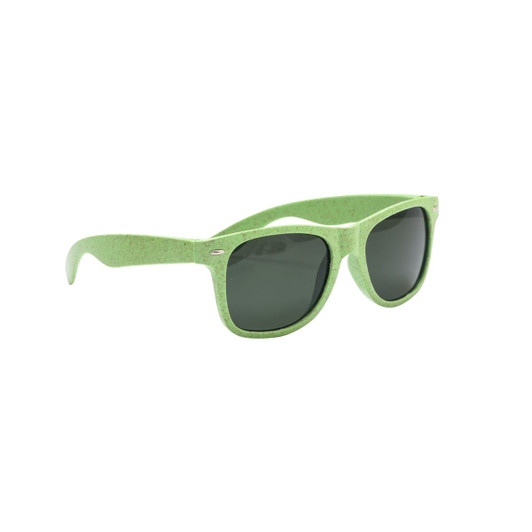 Wheat straw sunglasses in a vibrant green hue with dark lenses, featuring a logo on the side.