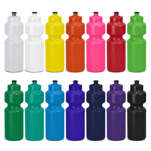 A drink bottle collection featuring various colours including white, yellow, orange, pink, red, green, blue, and black, with a logo.