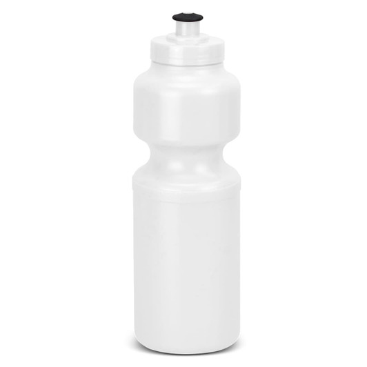 A drink bottle in white with a black lid, featuring a contoured design and a logo on the side.