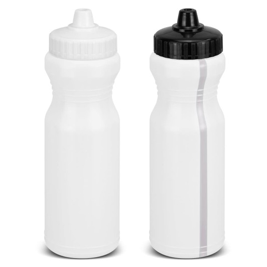 A drink bottle featuring a white body with a black lid and a white stripe, and another completely white bottle.