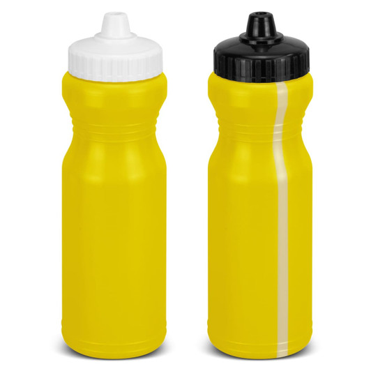 A drink bottle featuring a bright yellow body with black and white caps, and a simple design with a logo.