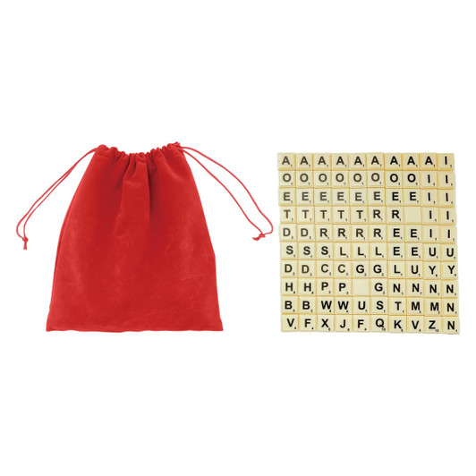 A red drawstring bag alongside a set of square wooden letter tiles in a grid layout, featuring various letters.