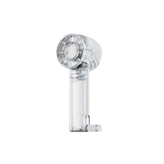 A transparent cooling fan with a clear casing and round head, designed for portable use.